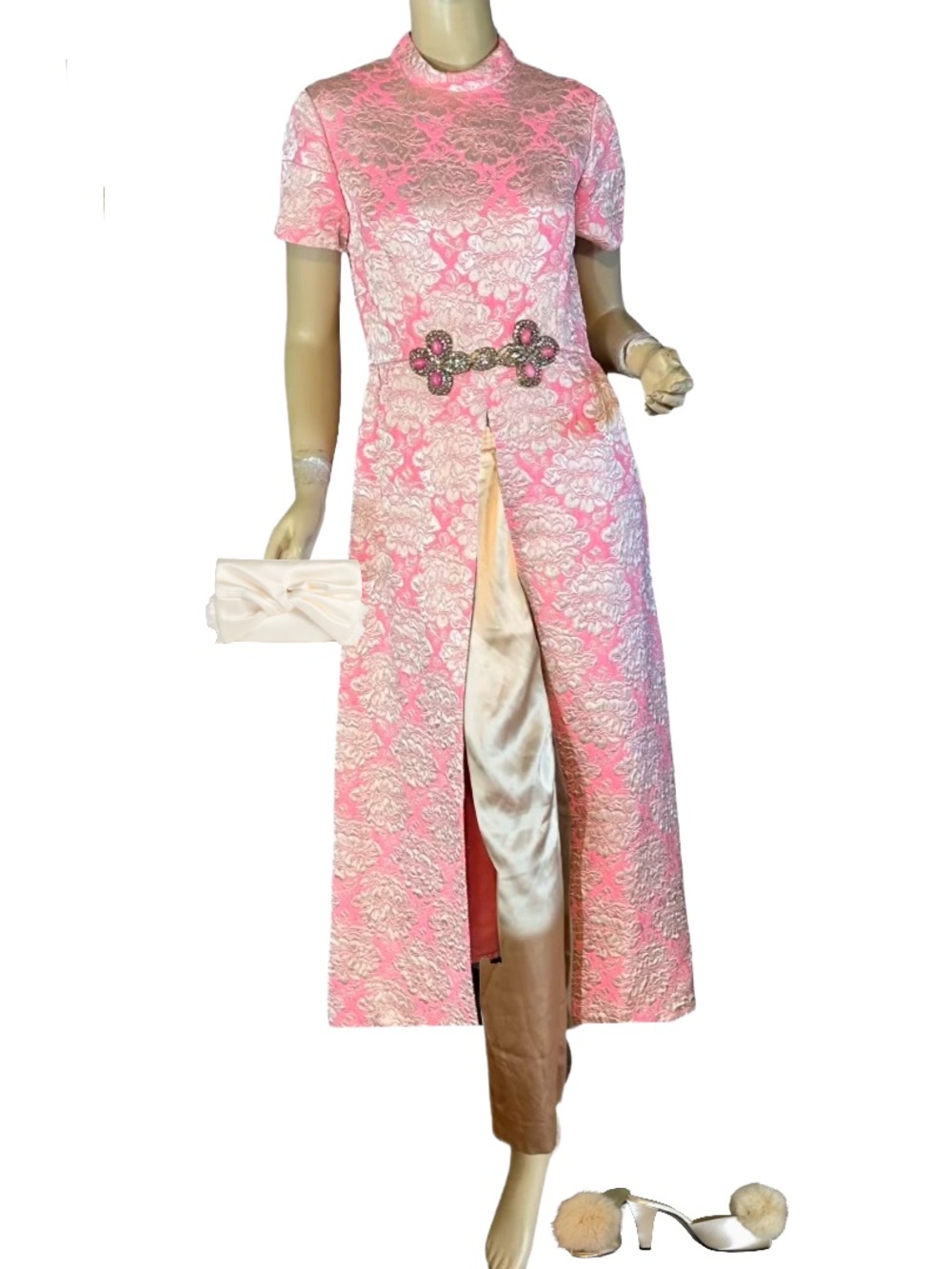 VINTAGE 1960'S LITTLER PINK & GOLD BROCADE SPLIT FRONT TUNIC (L)